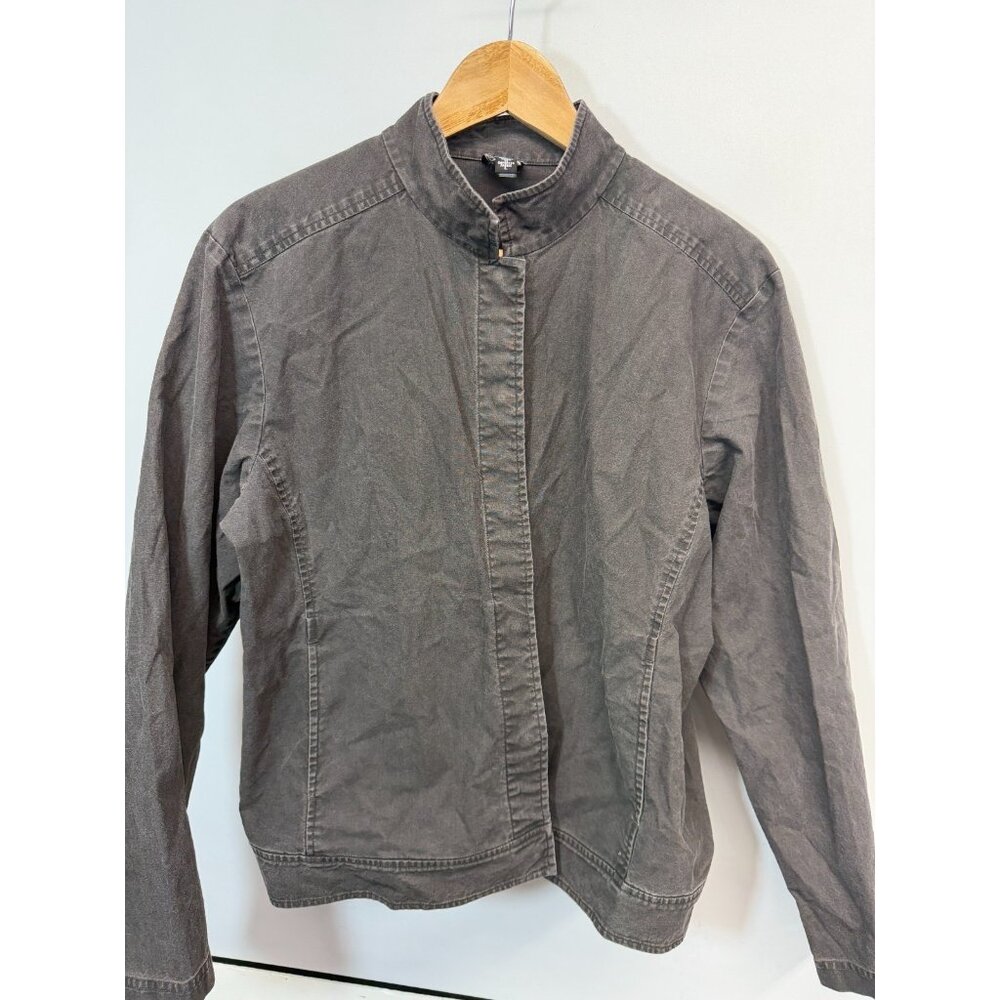 Eileen Fisher Coat  Jacket Large Cotton Gray Black Snap Round Collar No Stretch